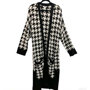 100% Rayon Black and White Houndstooth Women's Long Duster  Sweater